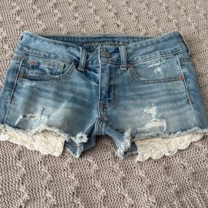 American Eagle Outfitters Light Blue Jean Shorts with White Lace